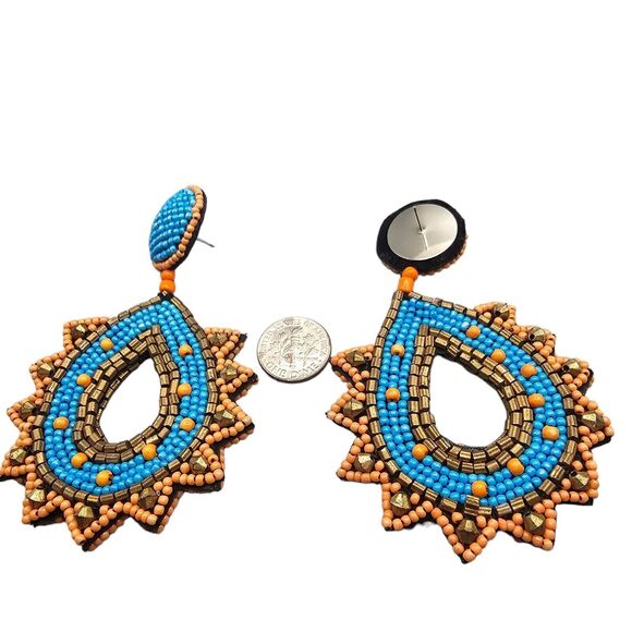 Artisan Like Earrings Intricate Bead Work Statement Colorful Reversible Fashion - Picture 3 of 5